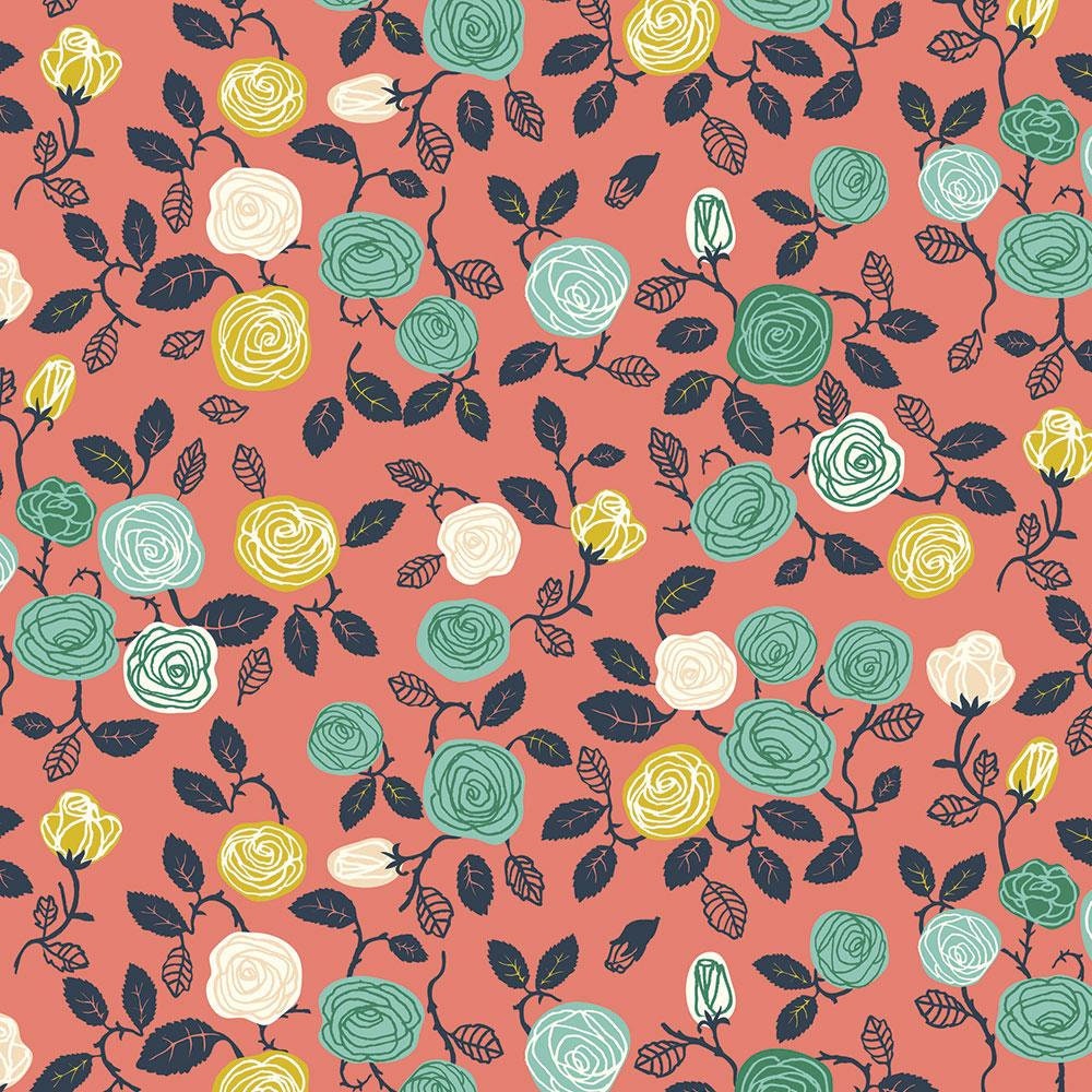 Roses Coral, Hidden Garden, Birch Organic Fabric, 1 yard.