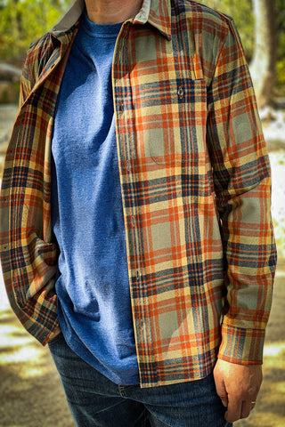 Pendleton Trail long sleeve shirt with buttons has orange mustard and navy blue striped 