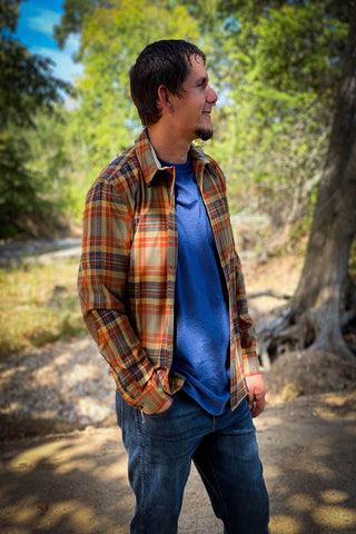 Pendleton Trail long sleeve shirt with buttons has orange mustard and navy blue striped lighter blue under shirt and denim jeans