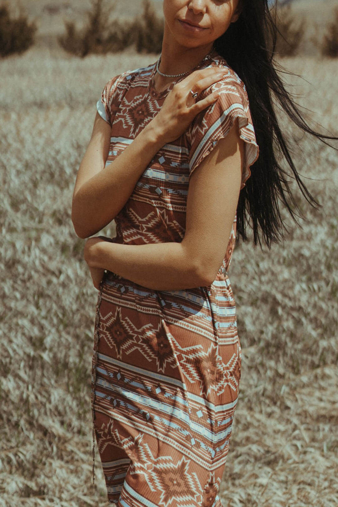 Close up image of the Camel Aztec Ribbed Dress by Rock & Roll Denim.  