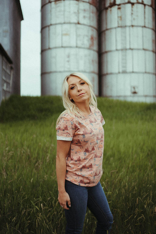 Woman modeling the Scenery Print Graphic Tee by ROck & Roll Denim.