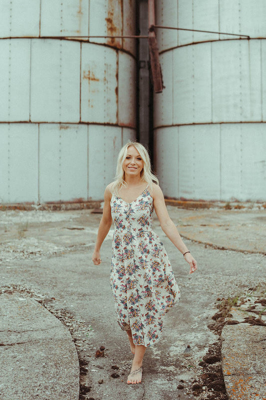 Woman modeling the Summer Button Down Dress by Rock & Roll Denim.  Button Down.  