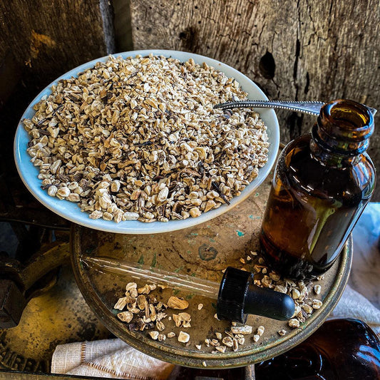 Burdock root fills a bowl with a tincture bottle in the foreground.