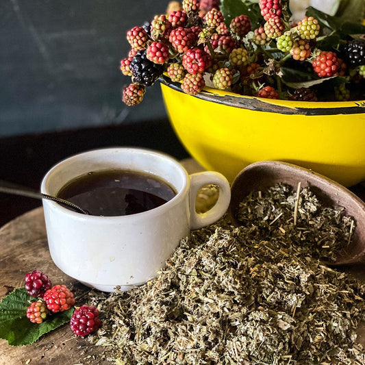 A white mug with Mama's Red Raspberry Brew Tea rests with a mound of dried herbs and fresh berries in a bowl.