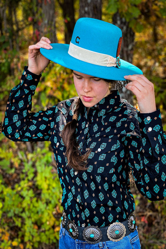 Charlie 1 Horse Bohemain Turquoise cowgirl hat featuring turquoise stone concho and tan wrap around band