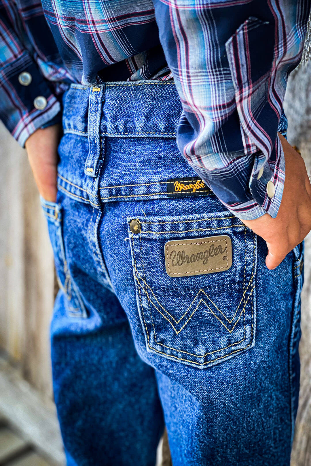 Picture showing back of the wrangler george straight boy jeans with wrangler emblem on back pocket.