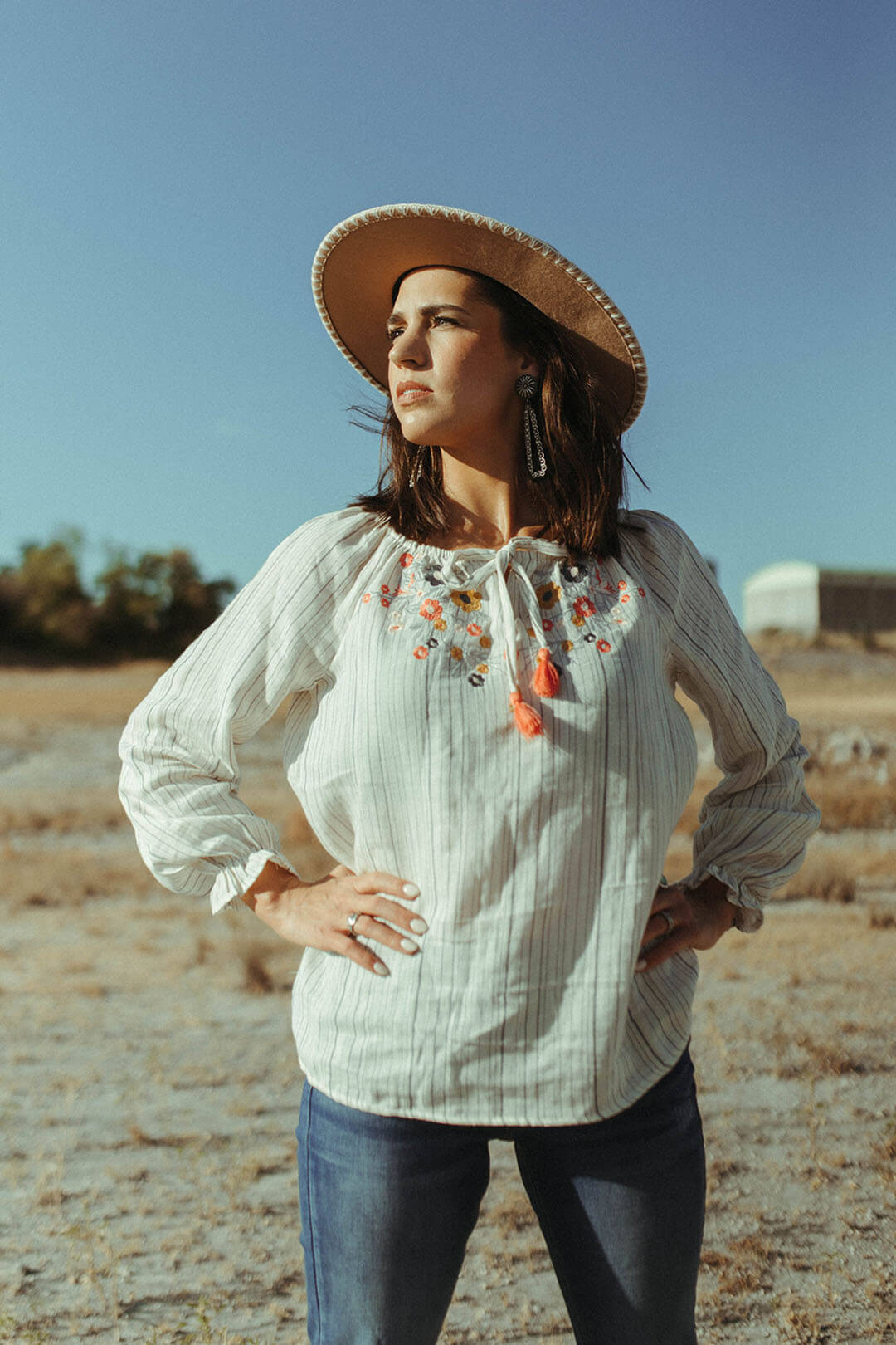 Floral Embroidered Stripe Peasant Blouse