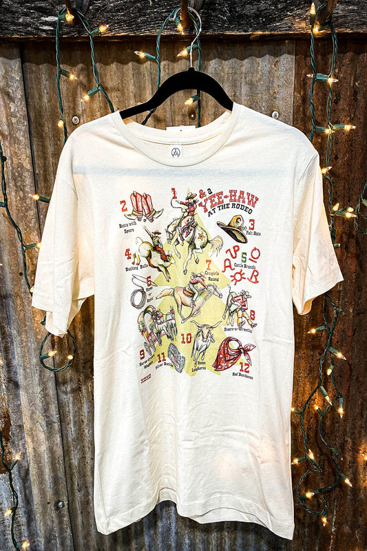 The western style 12 days of Christmas graphic tee shirt featuring different western style pictures for each day. 