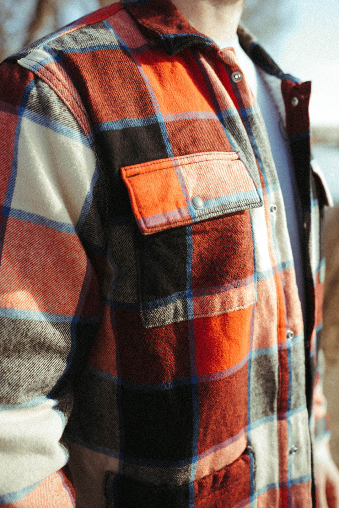 Close up image of the Flannel Sherpa Jacket featuring the detail pattern. 