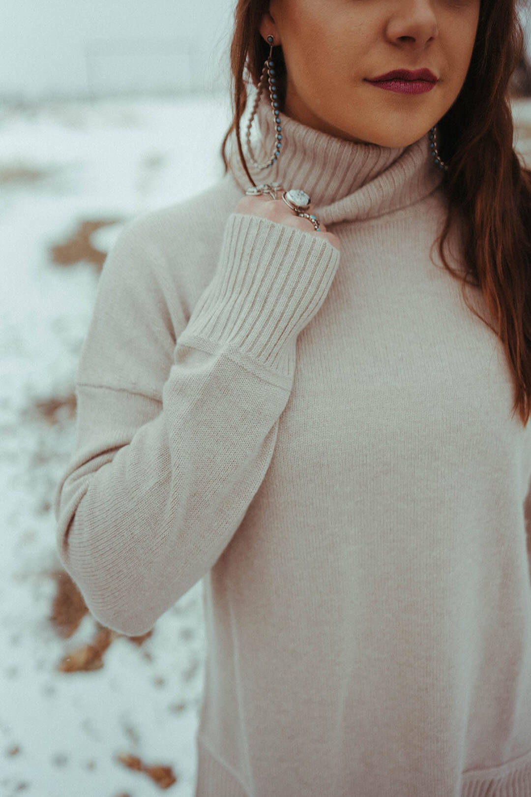 Close up image of the Cream Colored Pendleton Woman's Oversized Turtleneck.  