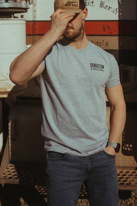 Man modeling the Pendleton Woolen Mills Gray Graphic Shirt.  