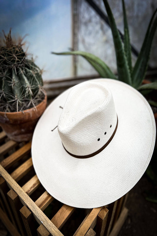 Picture of the Natural Canopy Straw Cowgirl Hat by Stetson.  The hat has a brown leather strap around the crown of hat.  