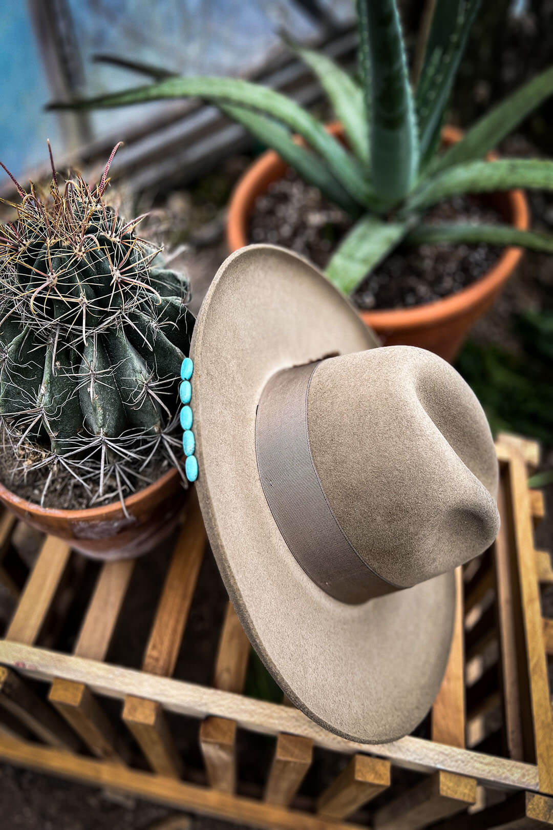 Back side picture of the Eureka Stetson Cowgirl Hat.  The hat has 5 Turquoise stones featured on back side. 