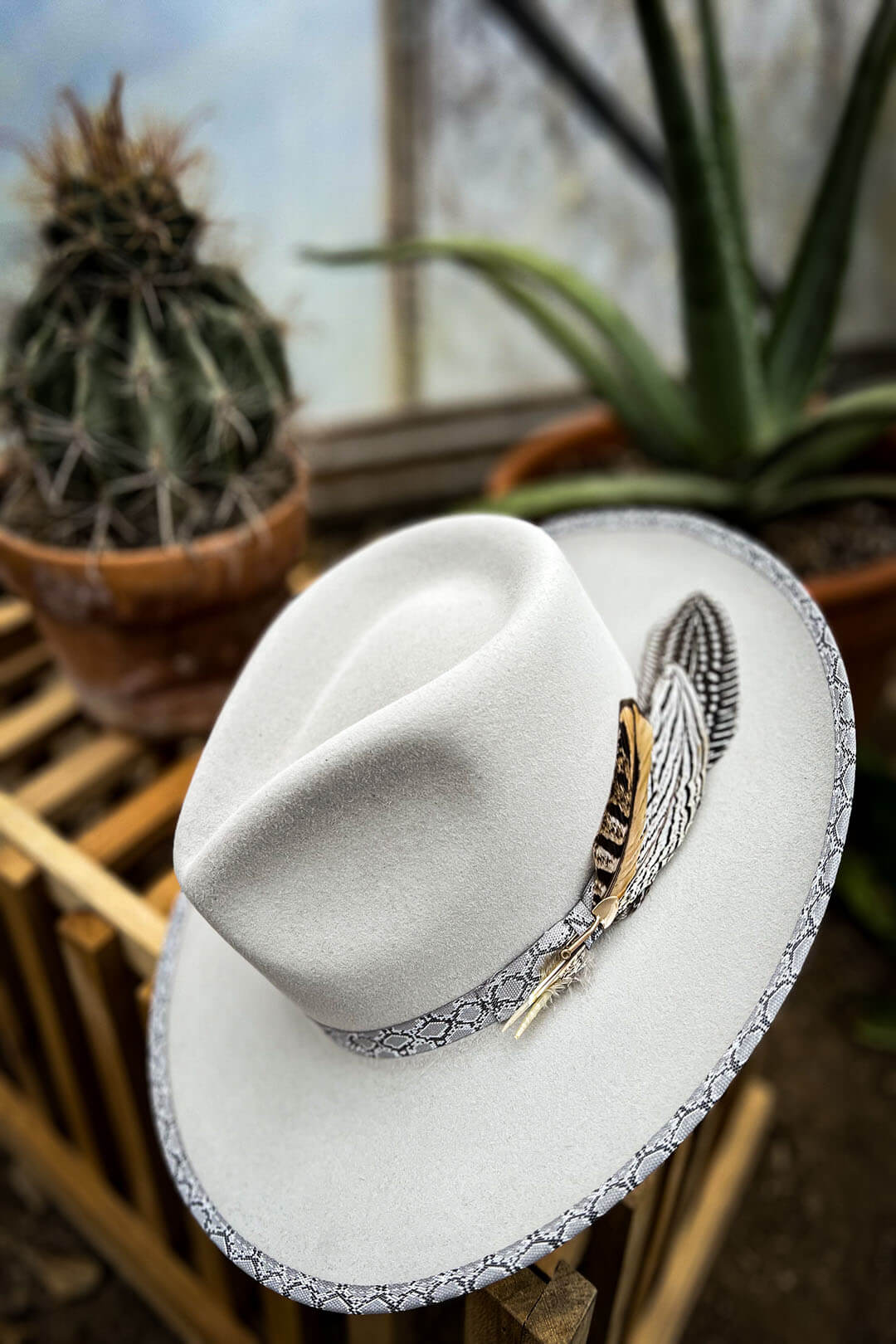Picture of the stetson rattler hat featuring feathers on side and snake print design band on rim and inner part of hat. 