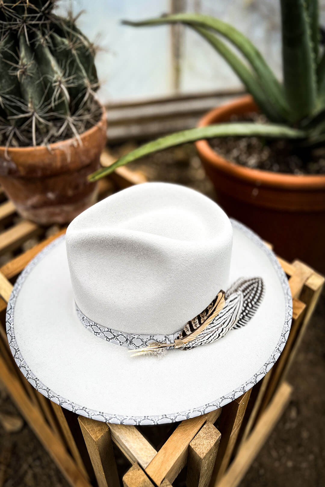 Close up image of the stetson rattler fedoar style western hat featuring snakeprint band around inner and outer rim of hat. 
