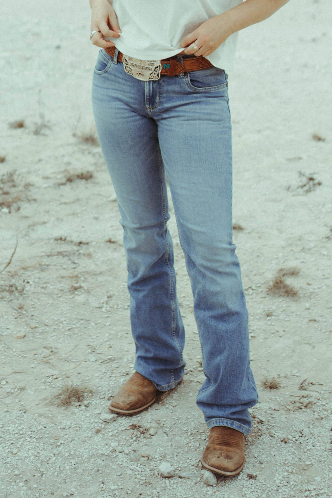 Close up picture of the wrangler retro mae bootcut jean in lilibeth.  The jeans feature zip/fly and 2 front and 2 back pockets. 