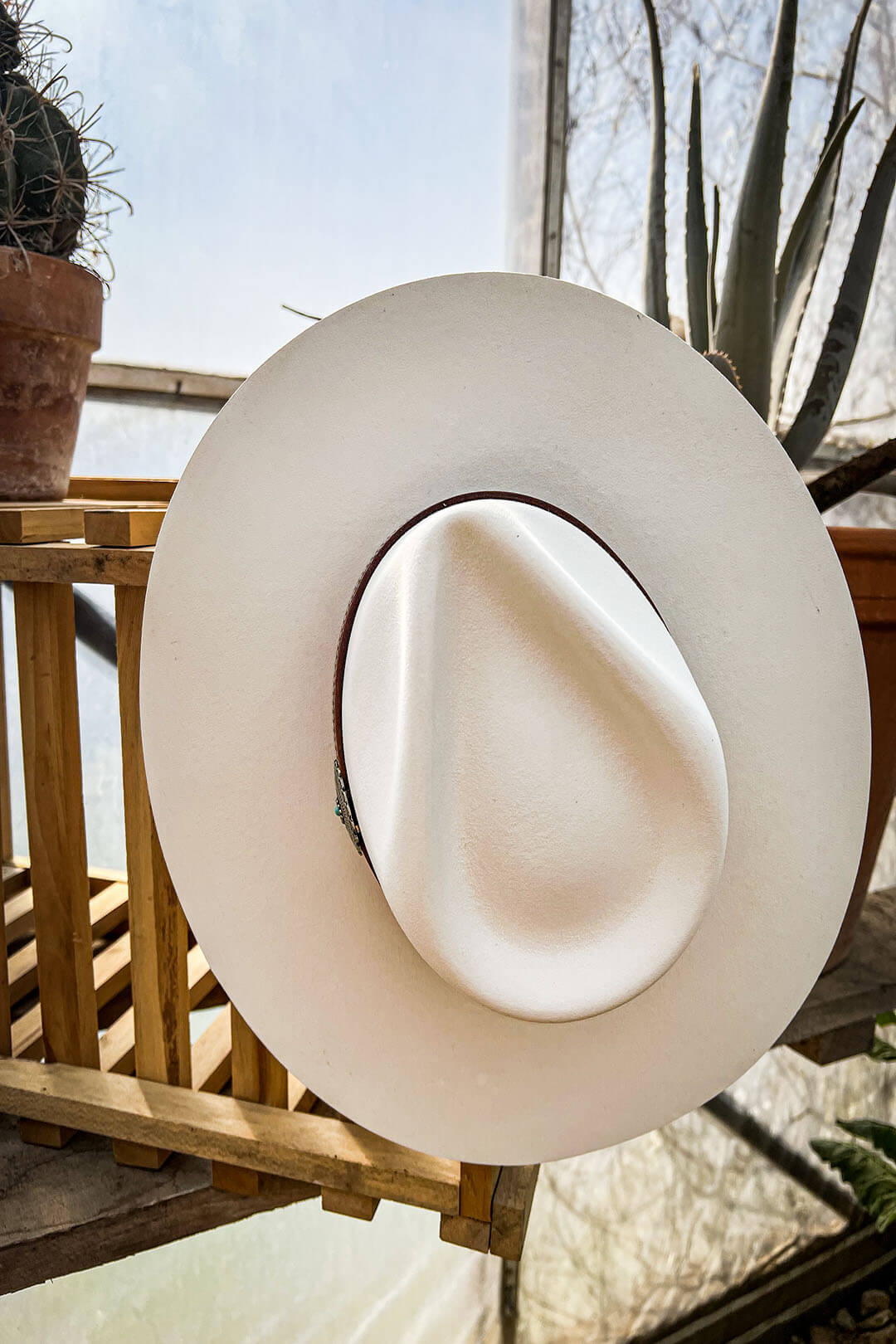 Image of the White Sands Cowgirl Hat by Charlie 1 Horse.  Image is showing the top of the hat.  