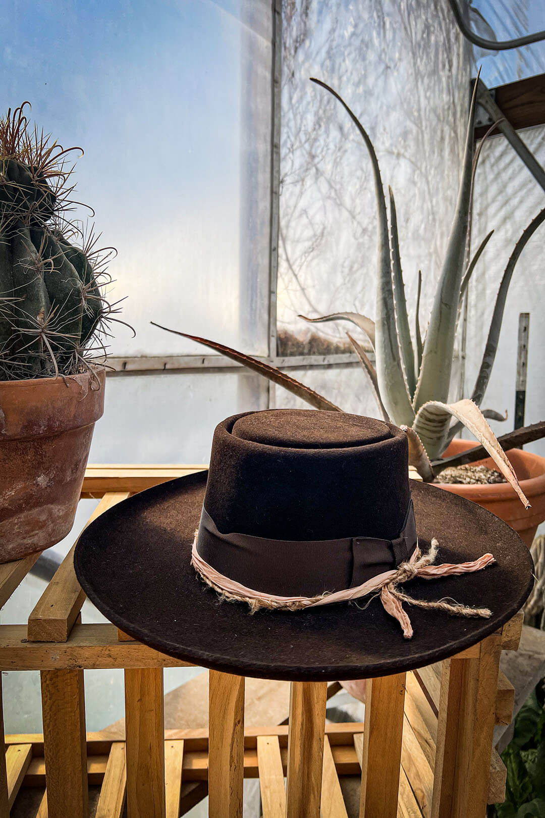 Image of the Kings Row Chocolate Felt Hat by Stetson.  The Hat is pictured on a wooden crate surrounded by cactus plants. 