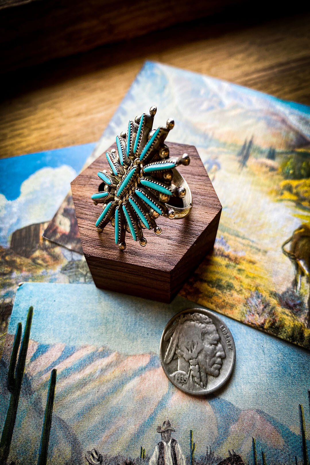 Zuni Needlepoint Turquoise Silver Ring size 8