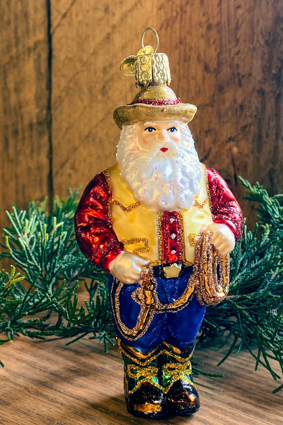 Western Santa Blown Glass Ornament